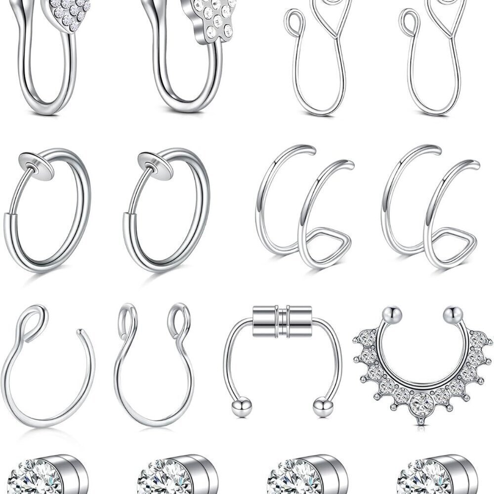 Fake Septum Hoop Stainless Steel 16 Pcs Clip On Nose Rings Non Piercing